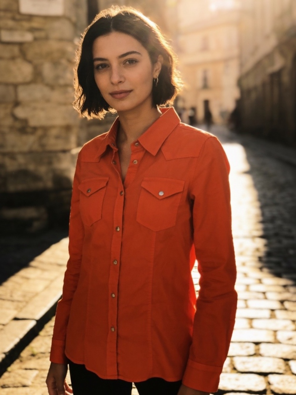 NWT Dondup Orange Long Sleeve Western Shirt w/ Silver Snaps Size Small